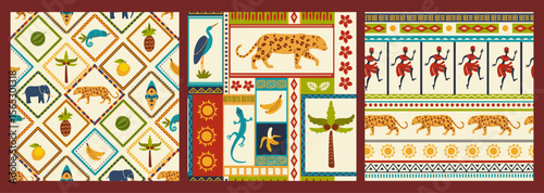 Tropic print. Leopard animal, tribal ethnic fruit or summer african, brazilian banana tree. Indian or mexican boho textile, wrapping paper, wallpaper. Print for fabric. Vector illustration
