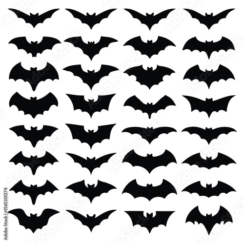 A group of black bat silhouettes is arranged for a Halloween themed background or pattern design.