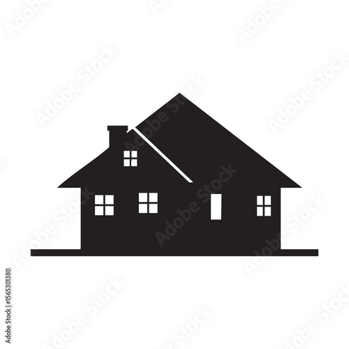 Simple black silhouette of a house with windows and chimney isolated on white background silhouette