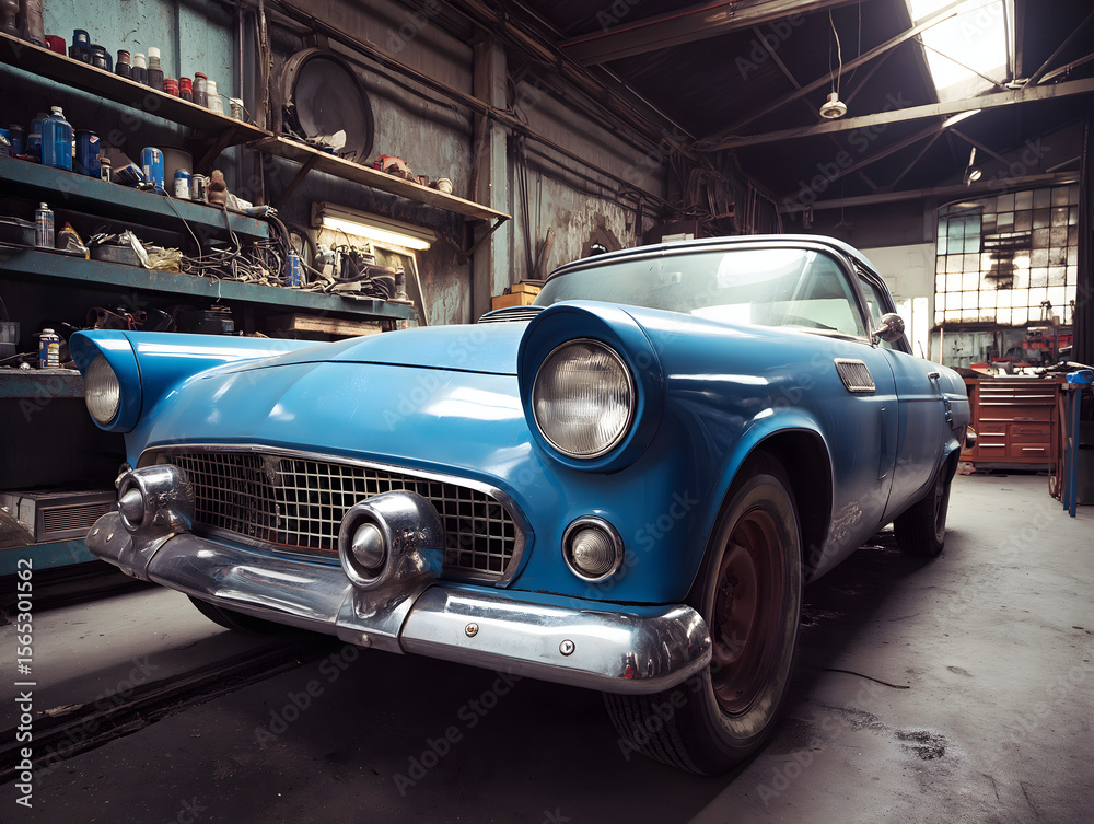 Fototapeta premium Vintage Blue Classic Car in Garage Setting - Retro Automobile Perfect for Restoration Enthusiasts