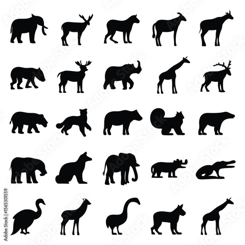 Black animal silhouettes illustrate diverse wildlife, showcasing various mammal and bird species in a visually engaging collection.