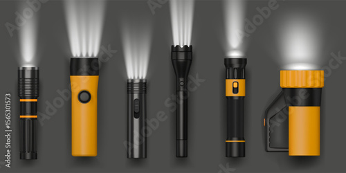 3D flashlight. Electric torch light. Flash lantern beam or realistic led glow. Hand lamp. Illumination equipment side view. Travel spotlight. Projector ray. Vector lighting objects set
