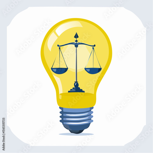 Illuminated idea of justice; scales of balance inside a glowing lightbulb.