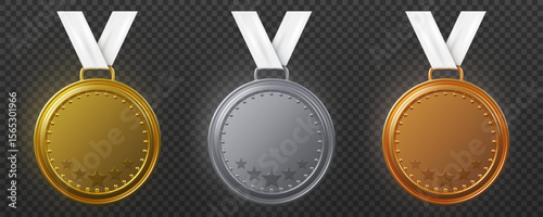 Bronze medal. Golden honor award, silver color emblem badge on ribbon, circle form and stars. Sport tournament trophy, best winners award ceremony. Vector realistic isolated icons set