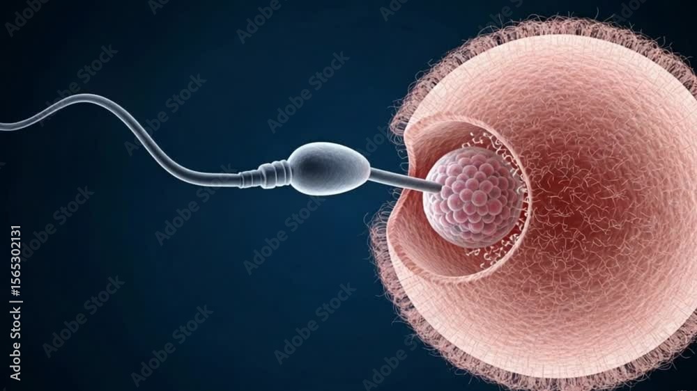 Microscopic illustration of sperm fertilizing an egg cell representing human reproduction 4K Ai HD video.

