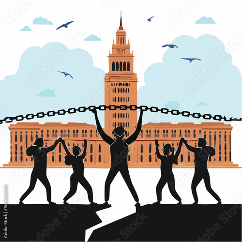 A group of silhouettes holds a broken chain in front of a large building, symbolizing unity and overcoming obstacles.