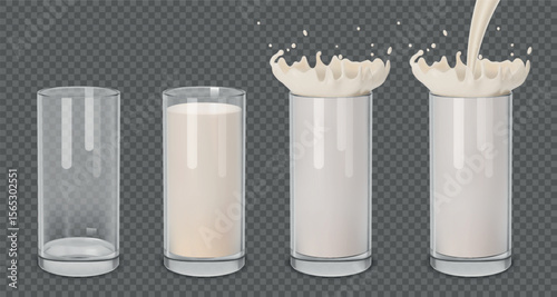 Glass of milk. 3d cup, isolated splash of transparent, white wave, liquid yogurt shake beverage. Wave of health food. Empty and full, pouring milky stream with drops. Vector realistic set