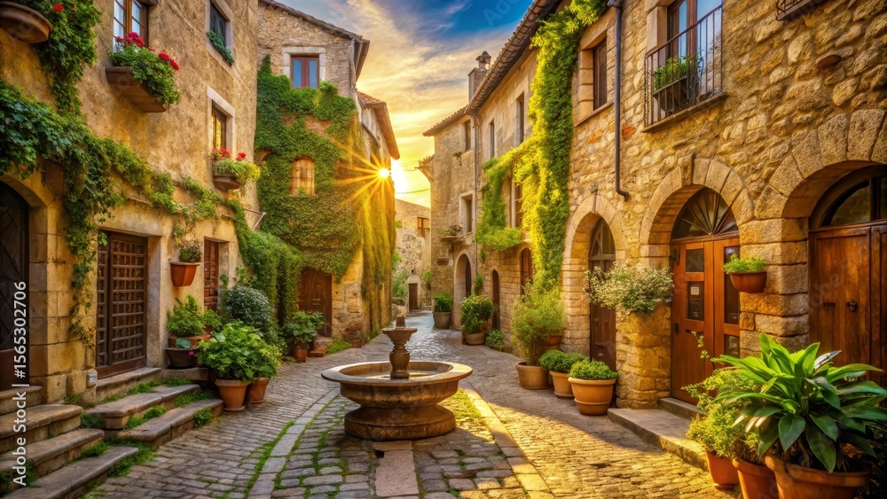 Fototapeta premium Golden Hour Illumination of a Picturesque Stone Street with a Charming Fountain and Abundant Greenery