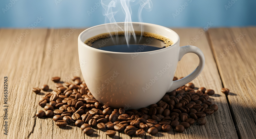 Fototapeta premium Steam rising from coffee cup on wood