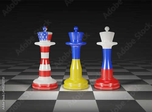Russia and USA war. America vs Europe chess conflict. Country political or economy. Military army crisis. Ukrainian and Russian confrontation. King piece at chessboard. Vector 3d render