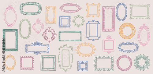 Doodle frames. Photo, painting or kid album line art squares. Vintage hand drawn oval, circle rustic school pictures. Posters and cards creative decoration. Simple outline vector isolated set