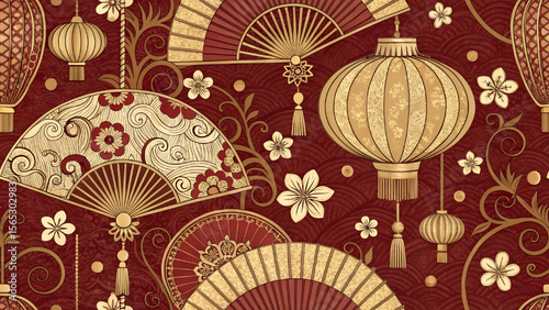 Seamless fabric pattern design, exquisite Chinese patterns, lamps, fans, luxurious antique gold, red background. The design is sophisticated and classic, perfect for printing on luxury fabrics.