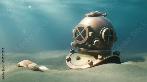 A classic brass diving helmet sits silently on the tranquil ocean floor among scattered shells.