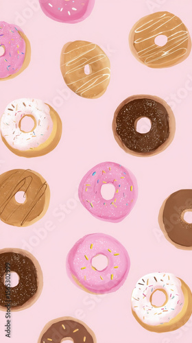 Colorful assortment of donuts arranged on a pink background evokes a whimsical and playful vibe. food background for printing, printing, bright donut pattern