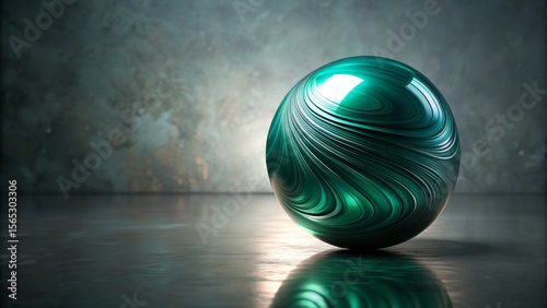 Dark teal sphere with swirling pattern rests on a reflective surface against a textured backdrop