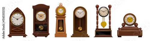 Vintage clock. Grandfather furniture. Old pendulum watch on antique interior wall. Wood house time measure arrow. Classic timepiece. Chronometer dial. Vector design realistic objects set
