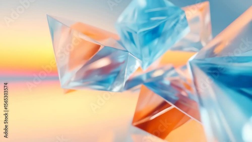Abstract Motion of Intersecting Blue and Orange Crystalline Forms on Gradient Background