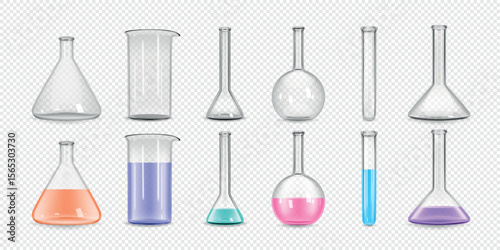Test tube. Lab flask, 3d science beaker or chemistry glassware bottle. Medical erlenmeyer water tool. Empty and full of water liquid. Pharmacy pipette equipment. Vector isolated container