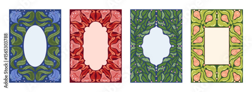 Ornament frame. Floral cover pattern, old wedding card with antique border or elegant retro poster. Modern blossom and green leaves. Creative botanical shapes. Vector background set
