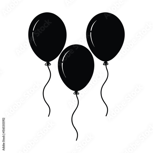 Stylized silhouette of three elegant floating balloons with delicate curling ribbons perfect for celebrations and decorations