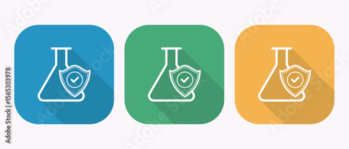 Three rounded square icons featuring a white shield with a test tube inside, chemical resistant icons