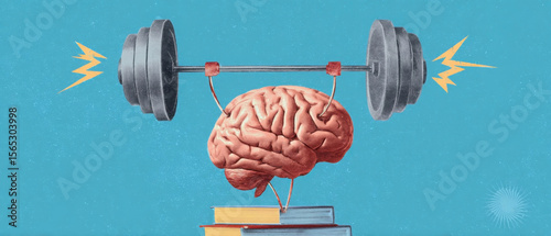 Modern art collage shows brain lifting barbell balanced on books against blue background. concept of brain training, reading, learning new
