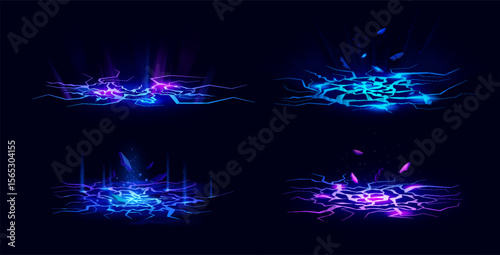 Ground crack. Light floor. Break wall lightning effect or crash hole. Neon glow. Hit destruction. Demolition fracture. Damage or smash shatter. Shiny split fissures set. Vector background