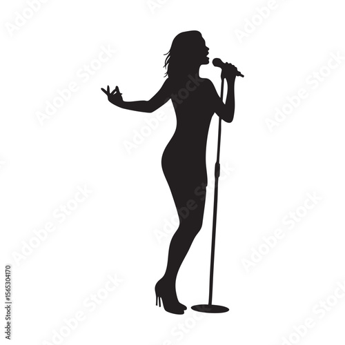 Female singer performing with microphone silhouette isolated on white background