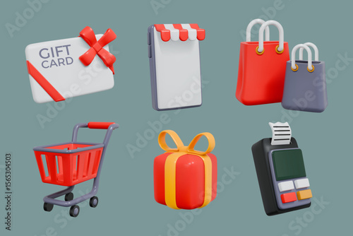 3d shop icons. Gift bag, voucher in hands, discount store sale. Buy in mobile phone market, event promotion. Supermarket trolley, gift prize, online shopping. Vector render elements