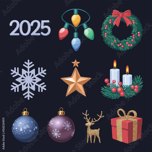 vector Happy New Year Celebrating 2025 in Latin letters , Christmas Decoration Items Santa Claus