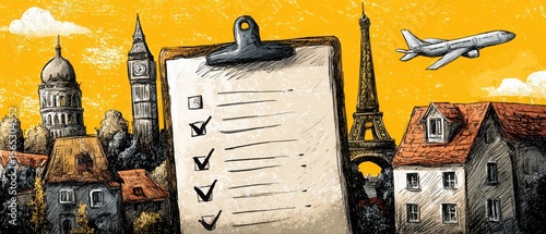 concept of a wish list. Travel bucket list with check marks illustrating completed adventures and future destinations in chaotic style