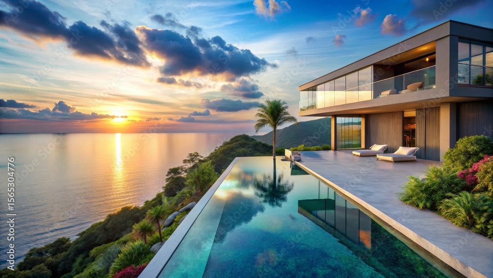 Fototapeta premium Oceanfront Luxury Residence at Sunset Infinity Pool and Modern Architecture