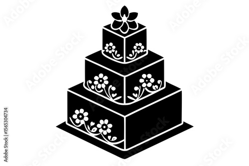 Floral Wedding Cake Silhouette – Tiered Square Dessert Vector Clipart