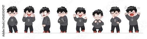 Japanese characters. Comic man expression. Manga boy illustration for kid animation. Happy face. Anime emotion. Angry or sad guy positions. Joyful laugh. Vector cartoon teenager poses set