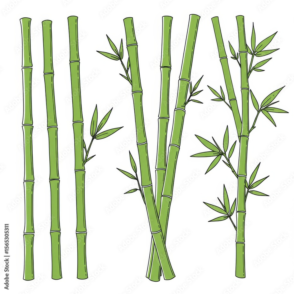 Obraz premium Green Bamboo Stems and Leaves Illustration