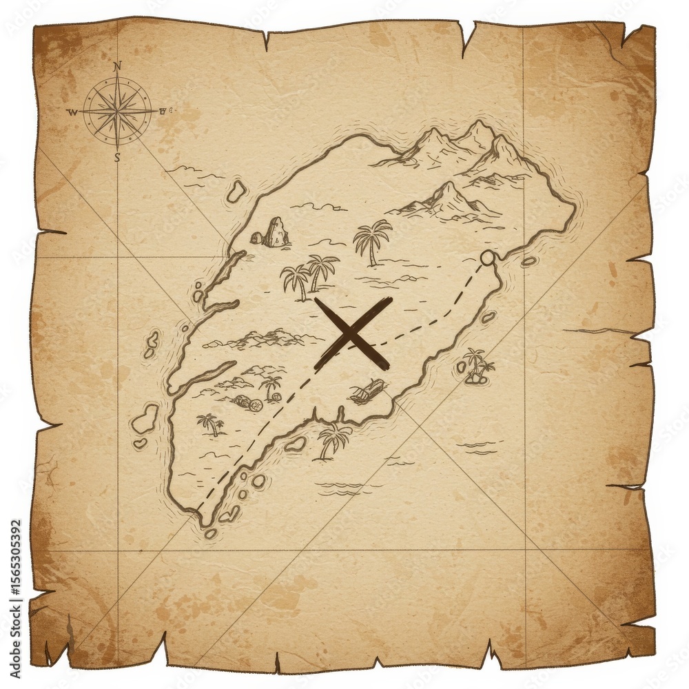 Obraz premium Aged Treasure Map with Island Illustration