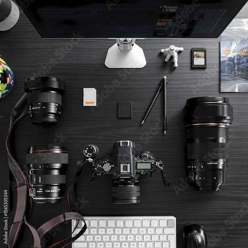 Overhead view of a photographer's workspace, camera equipment, and accessories.