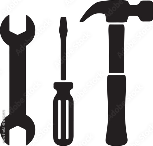 Essential Hand Tools Wrench, Screwdriver, Hammer - DIY Repair Icons