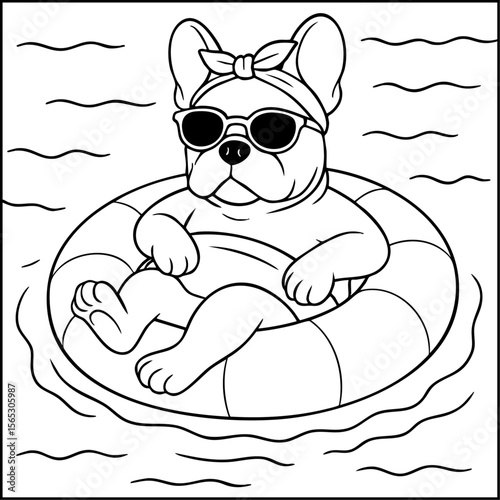 French bulldog in sunglasses floating in a swim ring on water.
