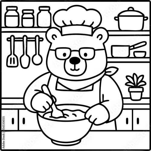 Cozy coloring page of a bear with glasses mixing batter in a cozy kitchen