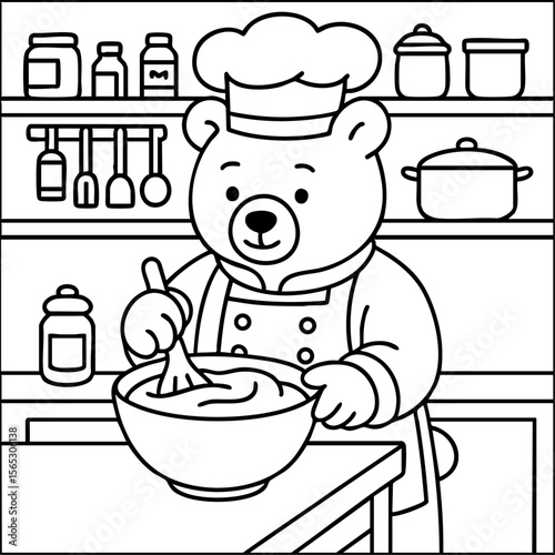Cozy coloring page of a happy bear mixing ingredients in the kitchen