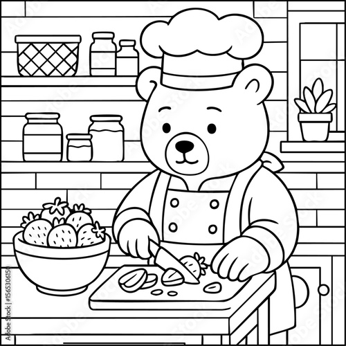 Cozy coloring page of a bear slicing strawberries in a cozy kitchen