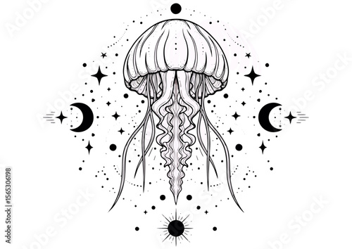 Jellyfish illustration with celestial motifs in black and white