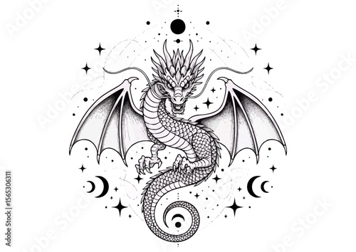 Dragon illustration with celestial motifs in black and white 