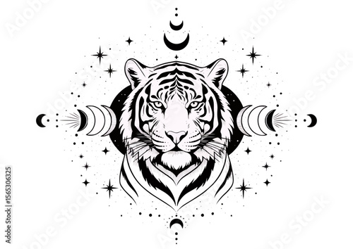 Tiger illustration with celestial motifs in black and white