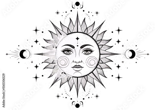 Sun illustration with celestial motifs in black and white