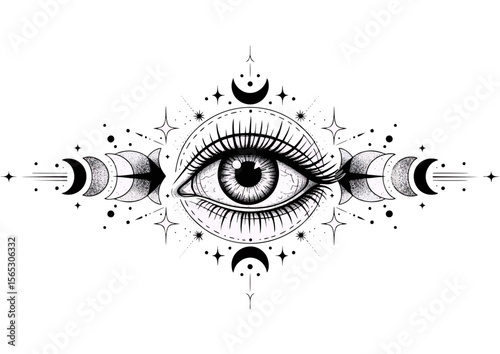 Eye illustration with celestial motifs in black and white 