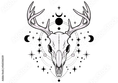 Deer skull illustration with celestial motifs in black and white 
