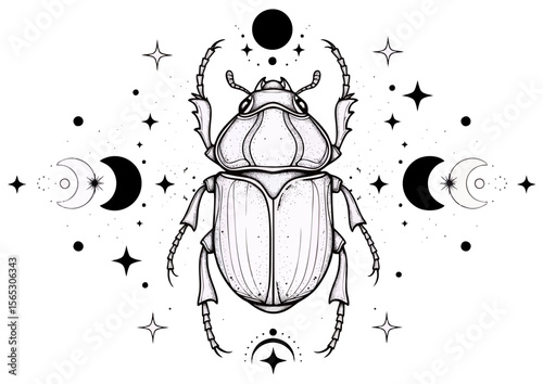 Scarab beetle illustration with celestial motifs in black and white