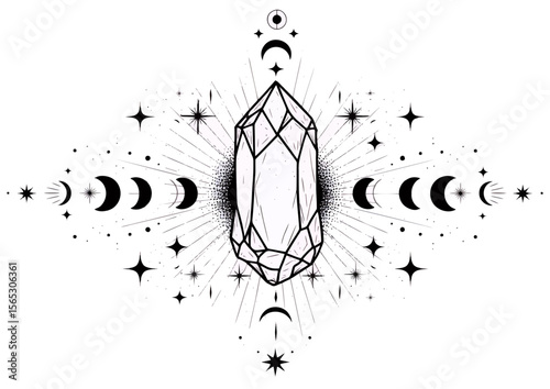 Crystal illustration with celestial motifs in black and white